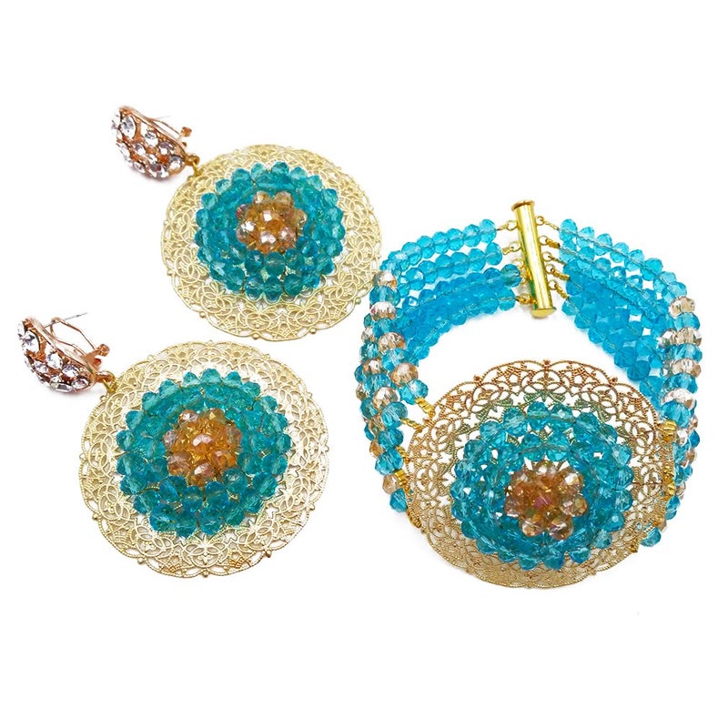 aczuv African Beads Jewelry Set 2017 Nigerian Wedding Necklace and Earrings for Women (Lake Blue Gold AB) - Image 4